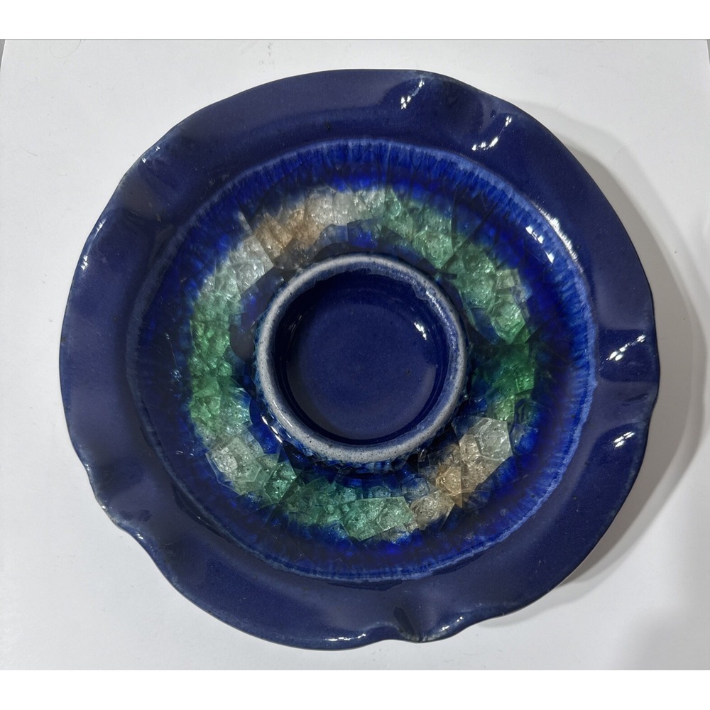 Pottery Glaze Cobalt Blue Crackle Recycled Glass Candle Tea‎ Light Holder USA